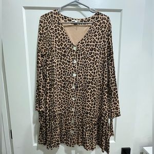 Leopard Mini Long Sleeve Dress With Buttons
